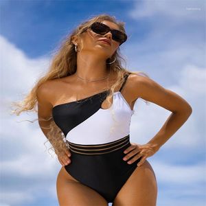 Women's Swimwear Sexy One Shoulder Piece Swimsuit Women Patchwork Cut Out Monokini Lace Band Push Up Bathing Suit Pad Short