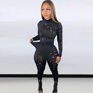 Women's Two Piece Pants Sexy Hollow Out See Through Sets Party Club Outfits For Women Long Sleeve Stand Collar Top And Festival Set Hole