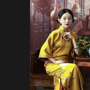 Abbigliamento etnico Abito orientale cinese Seta gialla Vintage Cheongsam Ragazze Abiti da sera Qipao Stile Top Cheongsam Abito tradizionale