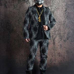 Ternos masculinos Men's Black Black Brancka Polca Print Suit Slim Fit Blazer Set Set 2 peças Nightclub Bar Singer Machine Fashion Stage traje
