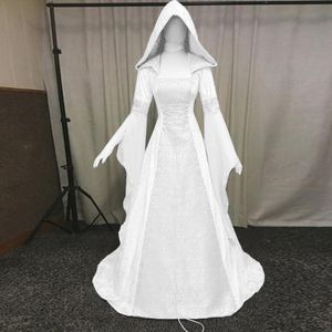 Dresses Medieval Renaissance Maxi Train Dress Women Halloween Devil Pagan Witch Wedding Costume Hooded Gown Robe Cosplay Costume