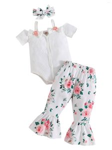 Clothing Sets Baby Girl Spring Summer Outfits Cold Shoulder Romper Bell Bottoms Headband 3Pcs Set Infant Clothes