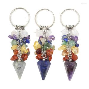 Keychains Reiki 7 Chakras Natural Chips Crystal Hexagonal Healing Pointed Quartz Stone Pendant Keyring Keychain For Car Bags