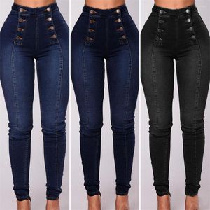 Jeans femininos Mulheres lápis de cintura alta vintage skinny bolsos de peito duplo empurre as calças de jeans de comprimento completo