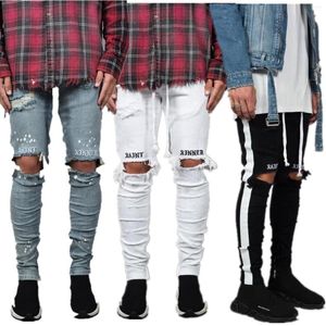 Herren-Jeans, Herren-Denim-Hose, enge Explosionen, bestickt, schmale Füße, seitliches Gurtband, elastisches Loch, Herren