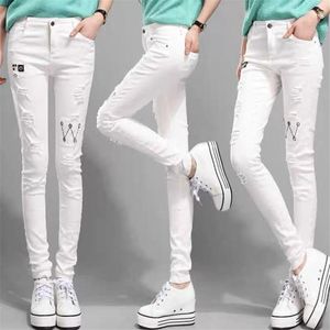 Jeans Summer Spring Women White Denim Korean Fashion Slim Stretched Hole Pencil Pants Capris Cowboy Trousers Black