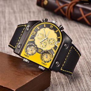 Wristwatches Oulm Mens Watch 9315 Sport Yellow Dial Watches Dual Time Zone Leather Wristwatch