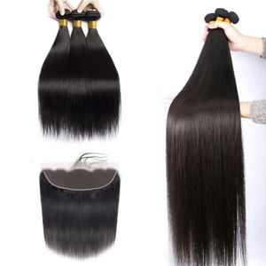 13X4 frontale in pizzo con fasci di capelli onda del corpo brasiliano peruviano indiano malese capelli umani vergini tesse chiusura colore nero naturale 4 pezzi