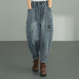 Vestido 2021 nova chegada Autumn feminino algodão jeans calças de anklelel comprimento de cintura elástica de bolso solto de retalhos de retalhos de harém jeans w686