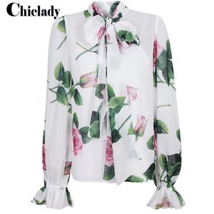 Kvinnors blusar skjortor chiclady elegant rosblomma tryckt lös långärmad fluga krage blus kvinnor dam avslappnad hög qulity chiffon skjorta ropa 230517