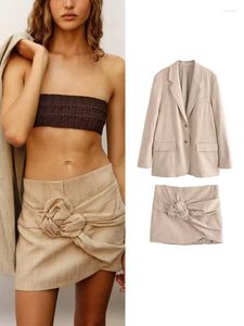 Two Piece Dress 2023 Women Blazer Skirts Sets Summer Fashion Office Lady Single Breasted Jackets Elegant Tie Flowers Solid Mini