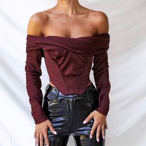 Damen-Blusen, Hemd, schulterfrei, Satin, Korsett-Oberteile, lange Ärmel, Slash-Ausschnitt, weinrot, elegante Hemden, sexy, rückenfreies Top, beschnitten 230517