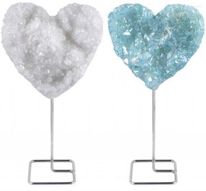 Bolsas de joalheria Tumbeelluwa Natural Heart Shape Rock Crystal Cluster Geode com Metal Stand Display Desk Ornament Healing Reiki Stone Home