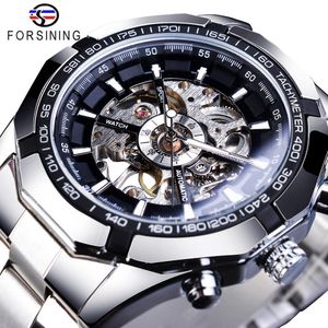 Wristwatches Forsining Stainless Steel Waterproof Mens Skeleton Watches Top Brand Luxury Transparent Mechanical Sport Male Wrist 230517