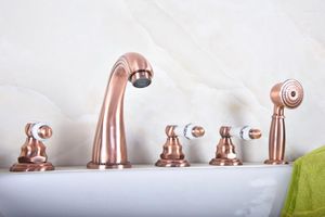 Bathroom Sink Faucets Antique Red Copper Brass Widespread 5 Hole Roman Tub Bath Faucet With Telephone Style Hand Held Shower Head Atf188