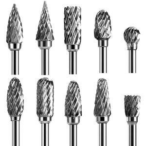 Drill Bits Tungsten Carbide Rotary Burr 10pcs Carving Burr Bits Double Diamond Cut Dremel Tools for Wood Stone Carving Steel Metal Working 230517