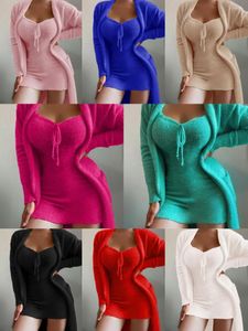 Kvinnors sömnkläder Autumn Fashion Ladies Casual Family Clothing Winter Plush Mini Dress Long Cardigan Jacket 2 -Stice Pure Color Sexy Pyjamas