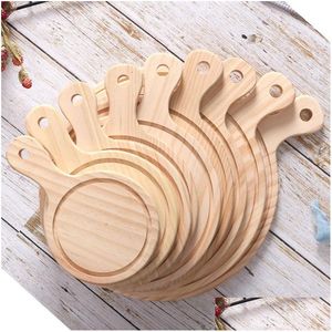 Rodillos Tablas de repostería Tablero de pizza redondo de madera con mano 6 pulgadas 14 pulgadas Bandeja de corte para hornear Café Tienda Postre Accesorio Drop De Dhlpj