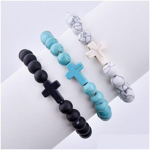 Beaded Summer Style Cross Charms Strand Armband Classic 8mm Turquoise Stone Elastic Friendship Armband Beach For Women Me Dhgarden Dhrpl
