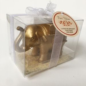 Bomboniere 50 pezzi Adesivi personalizzati Resina Elefante dorato Portacandele Tealight Anniversario Bomboniere Giocattoli regalo di Natale di nozze