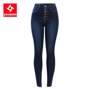 Jeans 2141 Youaxon nya varma höga midja jeans för kvinnor stretchig mörkblå knapp flyga denim magra byxor byxor
