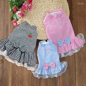 Hundkläder Summer Dress Plaid Bowknot ärmlös sundress spets kant prinsessan valp kläder kattkläder för små hundar flicka