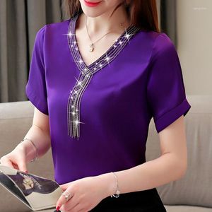 Women's Blouses Summer Women Tops And Shirts Satin Chiffon Short Sleeve Beading Tassel Blouse Elegant Shirt Woman Blusas Mujer De Moda