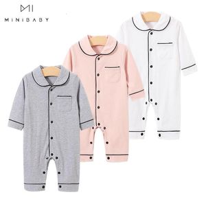 Rompers Wholesale 0-24m Born Jumpsuit Baby Clothes Spring Toddler Costume Boys Girls Girk Solid Home Wear Romper Pure Cotton Pyjamas 230517