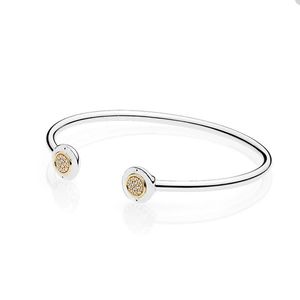 Two-tone Golden Cuff Bangle for Pandora Authentic Sterling Silver Bracelet designer Jewelry For Women Sisters Gift Crystal diamond Open Bracelets with Original Box