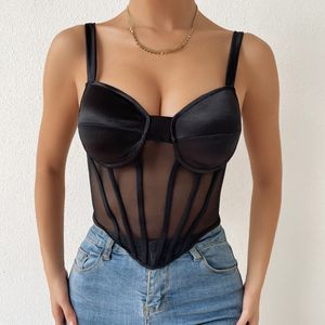 Canotte Canotte Sexy Patchwork a rete Corsetto a lisca di pesce Reggiseno incorporato Canotta Donna Alla moda Senza schienale Tinta unita Chic Canotta Drop 230518