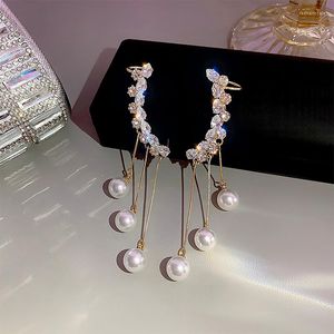 Orecchini ciondolano la goccia della nappa della perla bianca di modo coreano per il regalo dei gioielli di cerimonia nuziale dello zircone rotondo dorato della Boemia