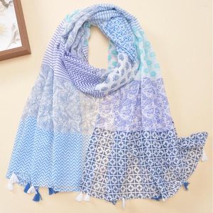 Halsdukar Summer och Autumn Fashion Women's Retro Wave Print Cotton Linen Shawl Beach Sun Protection Wrap Sarong Scarf Bohemian