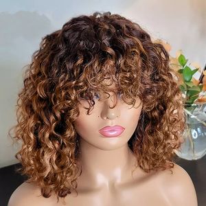 Jerry Curly Human Hair Peruki z grzywką Pełna maszyna Peruki Podświetl miód blond peruki dla kobiet Peruvian Remy Włosy 150%gęstość