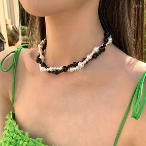 Chains Black Glass Beaded Necklace For Women Korean Fashion Mona 2000s Handmade Summer Jewelry