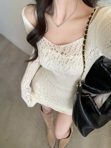 Urban Sexy Dresses Gaun Rajutan Elegan Musim Gugur Pesta Pendek Renda Lengan Panjang Wanita Mini Y2k Seksi Ramping Mode Korea Vintage 230517