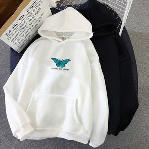 Kvinnors hoodies tröjor överdimensionerade hoodies kvinnor vita svarta hoodies långärmad huva botten toppar lös fjäril tryckt tröja flicka pullover p230518