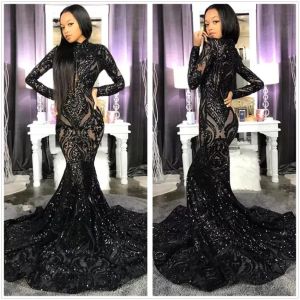 Sparkling Sequins Black Mermaid Prom Dresses High Neck Illusion Long Sleeves Sweep Train Formal Party Evening Gowns Dress BC