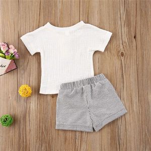 Kleidungssets Sommer Lässig Kleinkind Baby Jungen Mädchen Outfits Anzug Weiß Knopf Baumwolle Leinen Hemden TopsandStriped Hosen 2 Stücke Kleinkind Baby Set