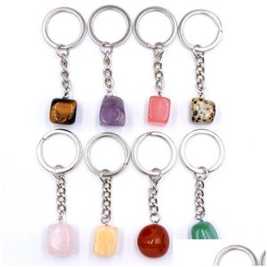 キーリングミックスIrregar Cubic Natural Crytal Stone Keychains sier Color Healing Crystal Car Decor Keyring