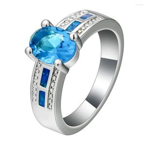 Anelli a grappolo Anello con opale di fuoco blu Hainon Moda Donna Gioielli Matrimonio Fidanzamento Distribuzione di zirconi cubici ovali