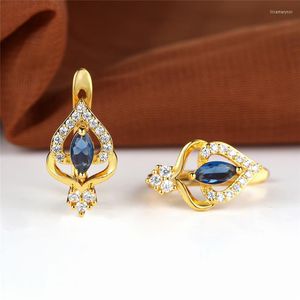 Hoop Earrings Cute Female Blue Zircon Stone Vintage Hollow Crystal Flower Boho Gold Color Wedding For Women