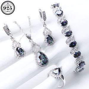 Wedding Jewelry Sets Natural Rainbow Jewelry Sets 925 Sterling Silver Stones Wedding Earrings For Women Stones Bracelet Necklace Rings Set Gifts Box 230518