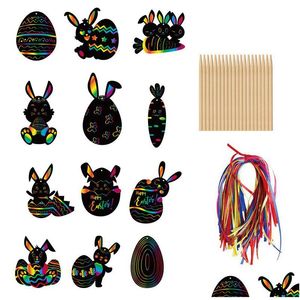 Party Favor Scratch Paper Art Set Easter Black Off Frafts Notes Ding Boards Arkusz z drewnianym rysikiem i wiszącą liną upuść zależność DHBC2