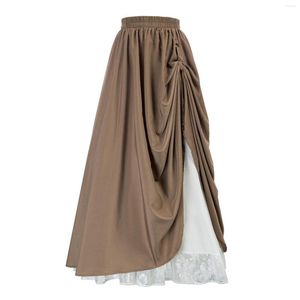 Kjolar eleganta hög midja kvinnor retro medeltida elastisk spets hög midja boho maxi kjol avslappnad dragning en linje lång