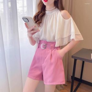 Women's Tracksuits Fashiona Temperament Set Women's 2023 Summer Off Shoulder Chiffon Shirt Top High Waist Wide Leg Short Pants Two Piece