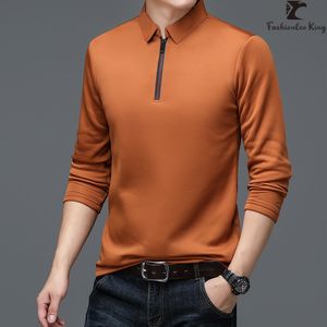 Erkek Polos Moda Fermuarı Polo Gömlek Erkekler Katı Yakası Uzun kollu Polo Tshirt Erkek Resmi Tee Gömlek Sıradan Gevşek Polos 230518