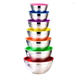 Ciotole 5PCS Ciotola per mescolare in acciaio inossidabile Cucina Frullatore per uova Insalata Fondo antiscivolo in silicone Set di stoccaggio con coperchio 7 colori