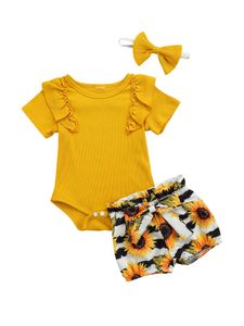 Conjuntos de roupas para bebês de 0 a 3 anos, 3 peças, conjuntos de roupas para meninas com babados, manga curta, shorts sólidos, faixa de cabeça, roupas de verão