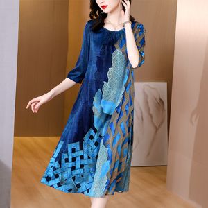 Basic Casual Dresses Blue Print Natural Silk Midi Dress Summer Elegant Loose Waist Plus Size Dress Women Korean Vintage Casaul Party Dress 230518