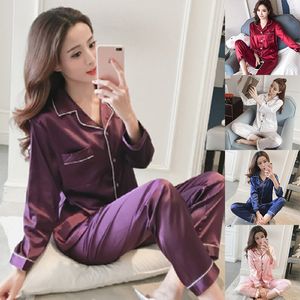 Kadınların Sijiz Saten Pijamaları Bayanlar Kadın PJS İpek Uzun Kollu Yumuşak Nightwear Sked Pantolon Pantolon Tat giysi Üstü Kadınlar Uzun Kollu Yumuşak Düğme 230517